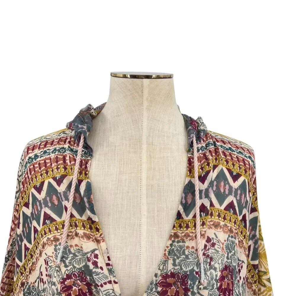 Free People Hold On Tight Gauze Pullover‎ Top Hooded Floral Paisley XS Small